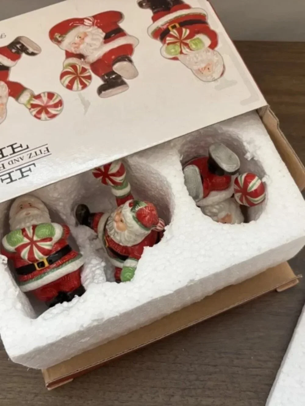 Vintage Fitz & Floyd Peppermint Santa Tumblers Miniature Ceramic Figures 2 inch